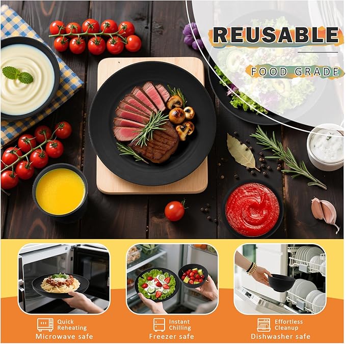 Wheat Straw Dinnerware Sets 16 PCS, Unbreakable Kids Plates and Bowls for 4-9 IN Plates, 26 OZ Cereal Bowls, 2 OZ Dipping Bowl, 12 OZ Cups, Dishwasher & Microwave Safe Plate Set - Black