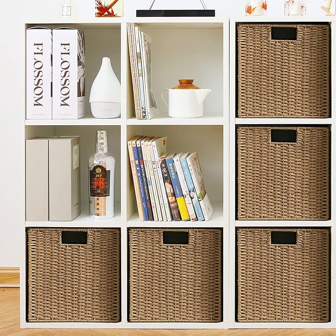 Vagusicc Wicker Baskets, Set of 2 Hand-Woven Storage Baskets for Shelves with Handles, Foldable Cube Wicker Storage Basket Bins Organizer 13 Inches Large Woven Baskets for Storage Organizing & Decor