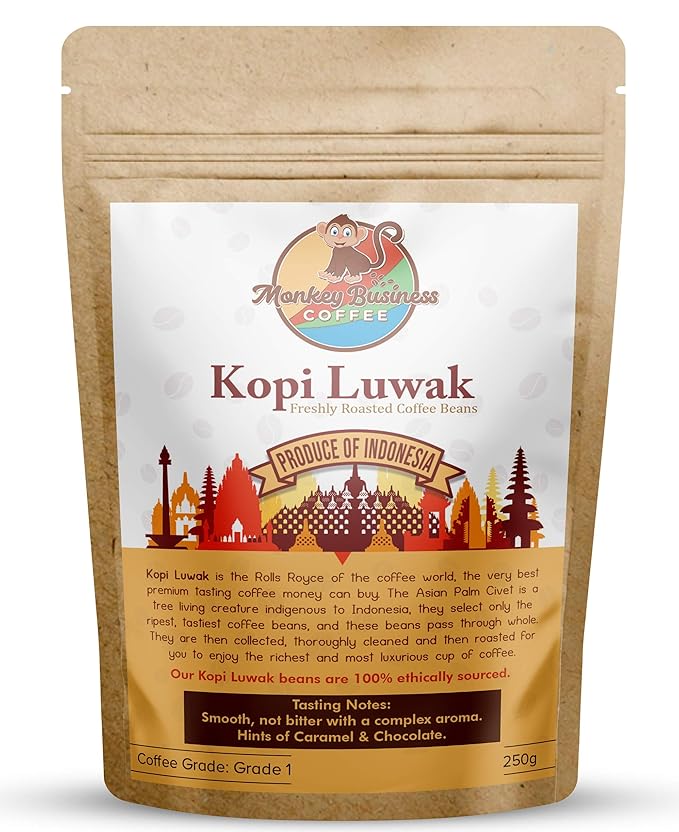 Monkey Business Coffee - Wild Kopi Luwak Coffee Whole Beans - Ethically Sourced - 250 Grams (8.8oz) (Other Weights & Bean Types Available) - Produce of Indonesia
