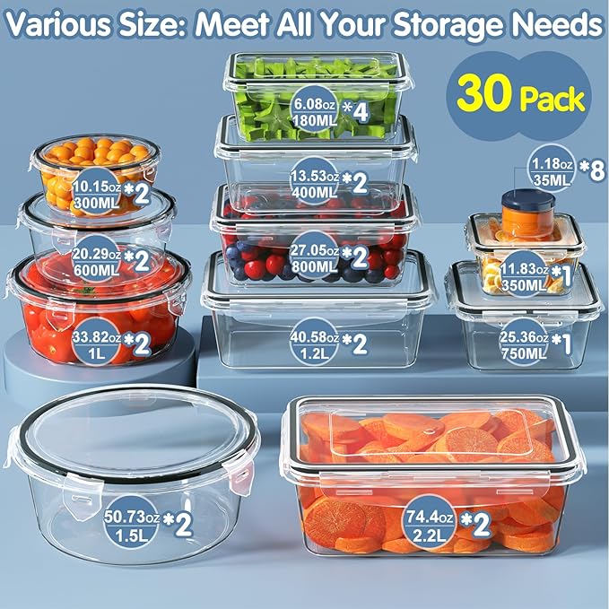 KITHELP 60-Piece Large Food Storage Containers Set - Leakproof, BPA-Free Plastic with Lids Airtight for Kitchen Storage and Organization Reusable with Labels Pen- Microwave Dishwasher Freezer Safe