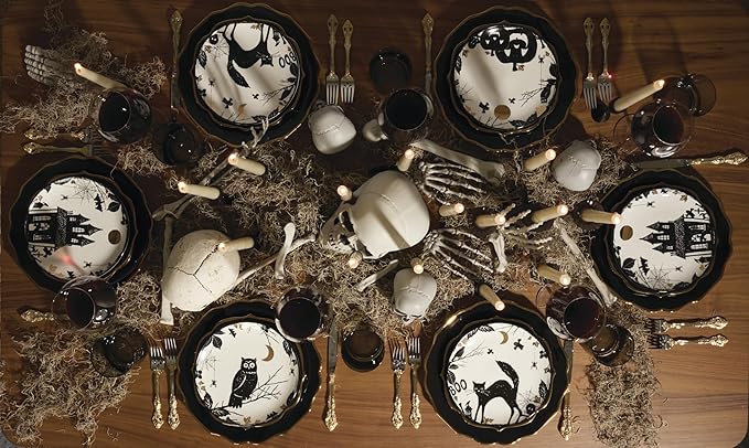 Lenox Dinnerware, Vintage Halloween Haunted Accent Plates, Assorted, Set of 4, Porcelain, Dishwasher & Microwave Safe, Halloween Decor Indoor, Spooky Decorative Plates for Home (Black/White, 4 Piece)