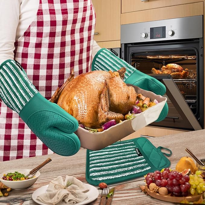 Silicone Oven Mitts Heat Resistant 932℉ with Waterproof & Non-Slip Kitchen Mittens, Set of 2 Extra Long Oven Gloves with Soft Cotton Terry Lining for Baking Cooking Barbecue (Emerald Green, 2)