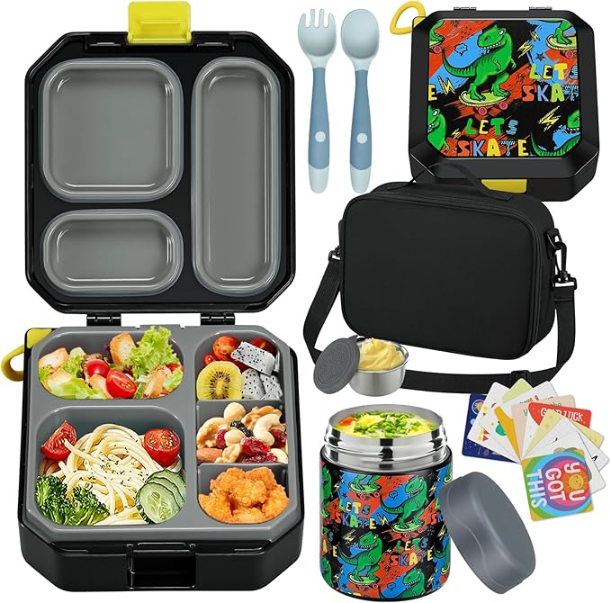 Bento Lunch Box for Kids with 12oz Soup Thermo Leak-Proof Lunch Food Container with 5 Compartment Thermo Hot Food Jar and Insulated Lunch Bag for Kid Toddler Girls Boys to School