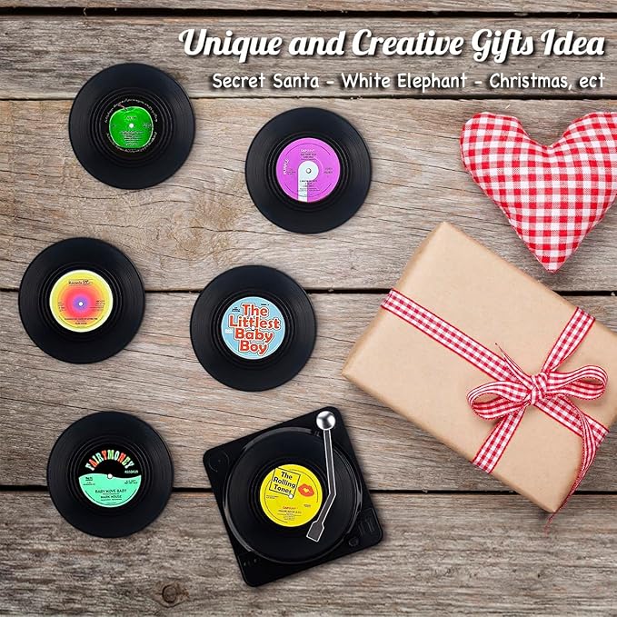 Valdivia Vinyl Record Coasters for Drinks with Records Player, Retro Album Coasters Set of 6, Funny New Home Decor for Housewarming Gifts, Music Lovers Presents, Cool Apartments Decoration Gifts Ideas