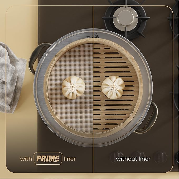 Prime Home Direct Bamboo Steamer Silicone Liners 12-Inch | 6 Count | BPA Free | Reusable & Non Stick for Air Fryer, Dumpling Food Steam Pot & Dim Sum Steaming | Round Mesh Parchment Baking Sheet Paper
