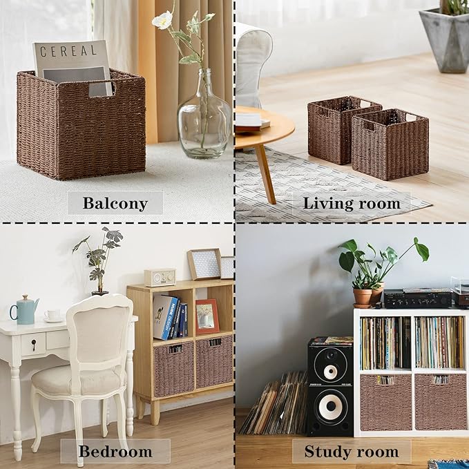 Vagusicc Wicker Storage Basket, Set of 2 Hand-Woven Storage Baskets for Shelves with Handles, Foldable Cube Storage Baskets Bins Organizer, 13 inch Large Wicker Baskets for Pantry Bedroom Decor, Brown