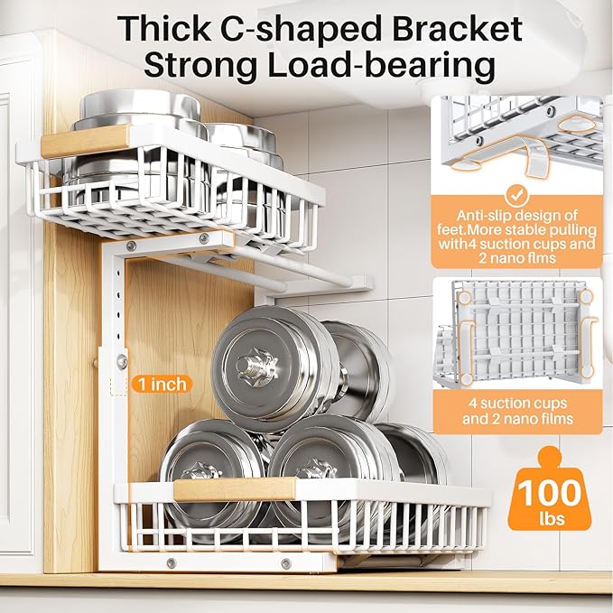 PXRACK 1 Pack Under Sink Organizer,Adjustable Height,2 Tier Pull Out Under Cabinet Organizer,Slide Out Thickened Metal Under Sink Storage for Kitchen Bathroom Laundry Cabinet Pantry,White(S)
