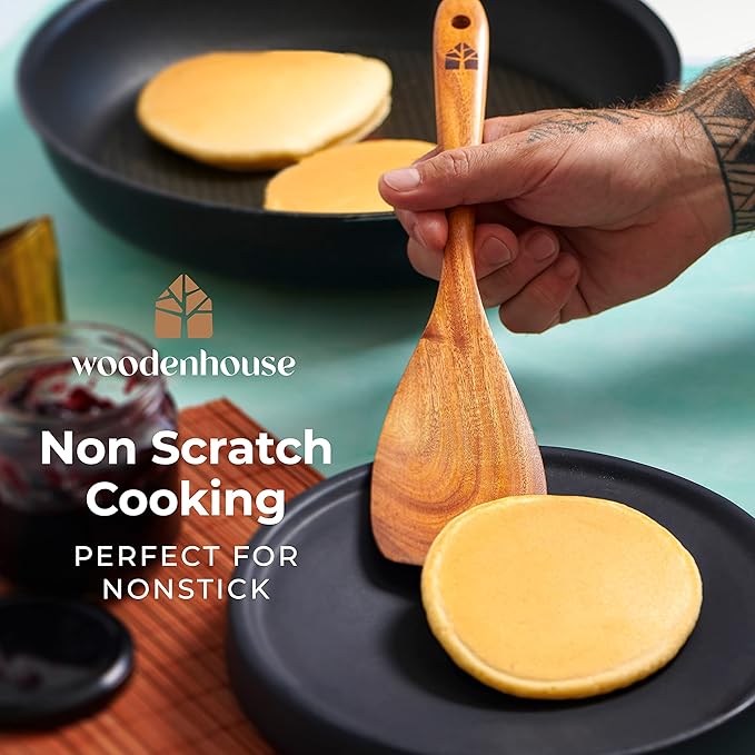 Wooden Utensil Set 8 Pcs – Sturdy & Easy to Clean, Natural Teak Wooden Spoons for Cooking – Non-Scratch Cooking Utensils with Spatula, Turner, Ladle, Spoons, Skimmer, Holder, Spoon Rest & 6 Hooks