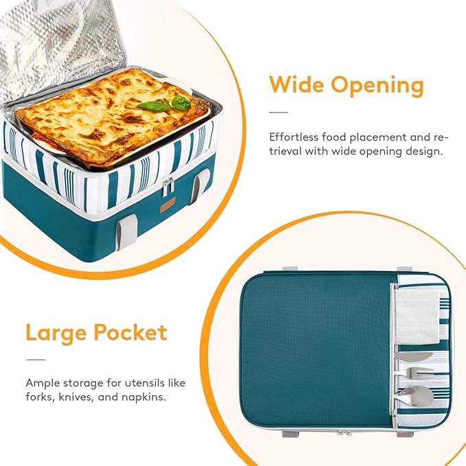 LUNCIA Double Decker Insulated Casserole Carrier for Hot or Cold Food, Lasagna Holder Tote for Potluck Parties/Picnic/Cookouts, Fits 9"x13" Baking Dish, Green
