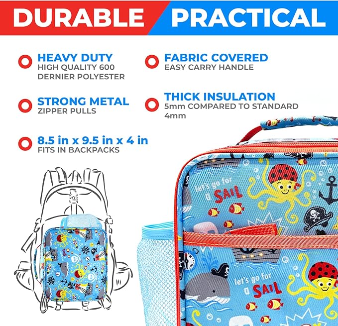 Bento Box with Insulated Lunch Bag, Ice Pack & Water Bottle Set for Kids - 5 Compartments Removable Tray Lunches or Snack Container Boys Toddlers Daycare Pre-School, Blue Pirates