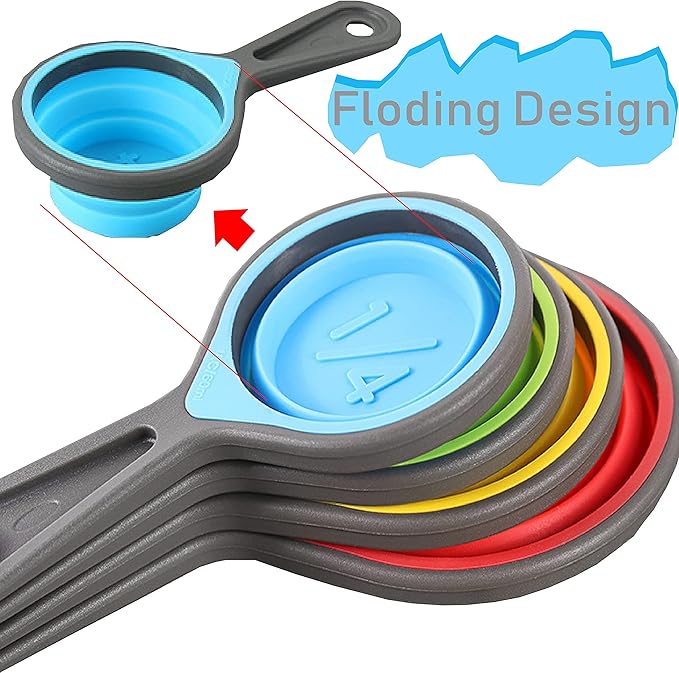 Collapsible Silicone Soft Measuring Cups and Measuring Spoons,8 pieces Portable Food Grade Silicone Measurement Cup for Liquid & Dry Measuring Baking & Travel Measuring Cup，space saver (Purple)