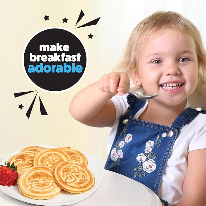 Emoji Mini Pancake Pan- 7 Unique Flapjack Smiley Faces for Kids, Nonstick Pan Cake Maker Stovetop Griddle for Easy Cleanup, Long Handle for Easy Holding, Breakfast Gift- Officially Licensed by Emoji