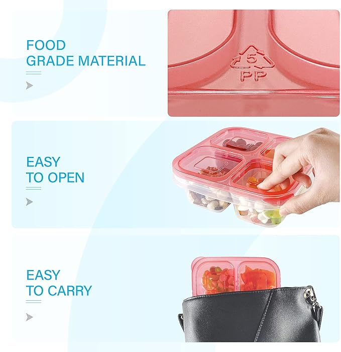 Finorder 6 Pack 4-Compartment Snack Containers, Reusable Food Containers for Kids School, Adults Office, Picnic Trip, Lunch Bento Box Meal Prep Containers (Bright Color Set)