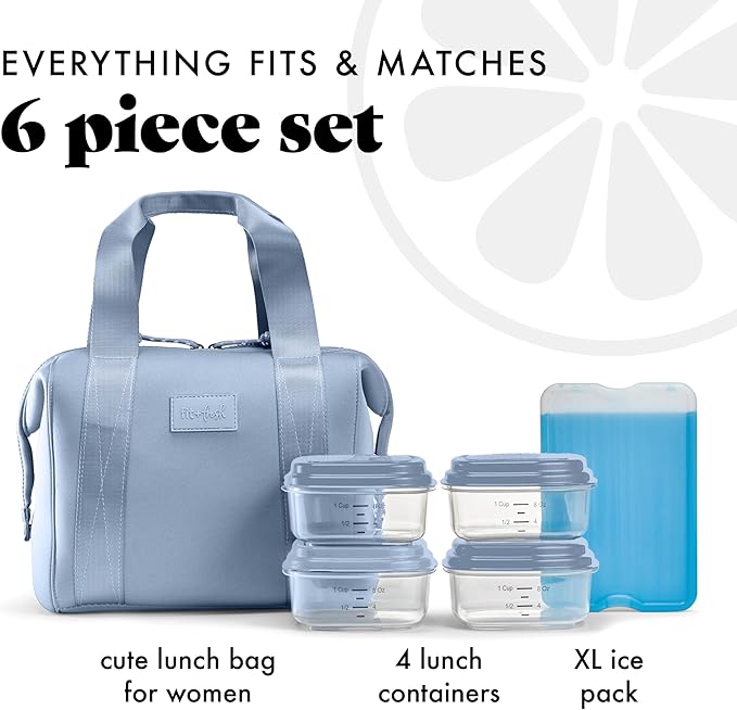 Fit & Fresh Remi Neoprene Lunch Bag For Women - Meal Prep Kit with Containers & XL Ice Pack, Self Insulating Neoprene-like Material, Machine Washable Lunch Bag, Tear-Resistant, Stain-Resistant, Slate