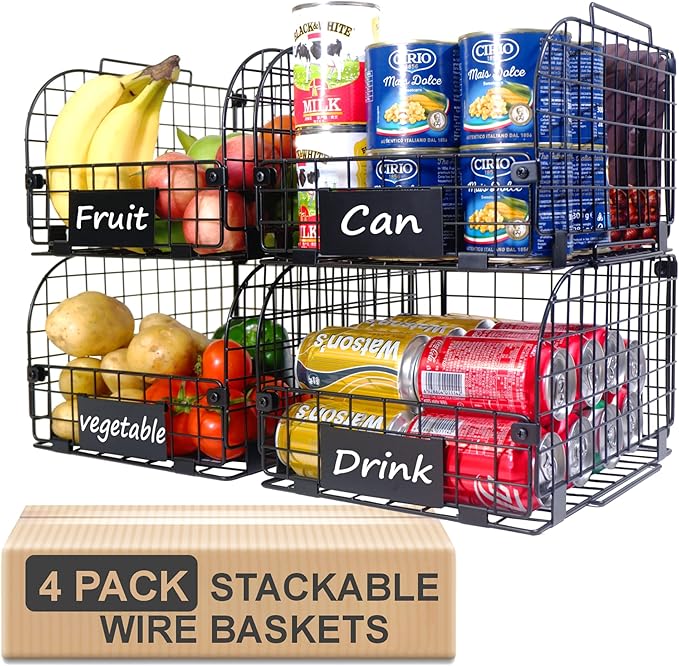 4 PACK Wire Stackable Baskets for Organizing,Fruit Basket for Kitchen,Pantry organizers and storage,12"x10.4"x7.8" Metal Baskets,Vegetable,Fruit,Snack,Onion,Potato,Can,K-Cup Organization,Black