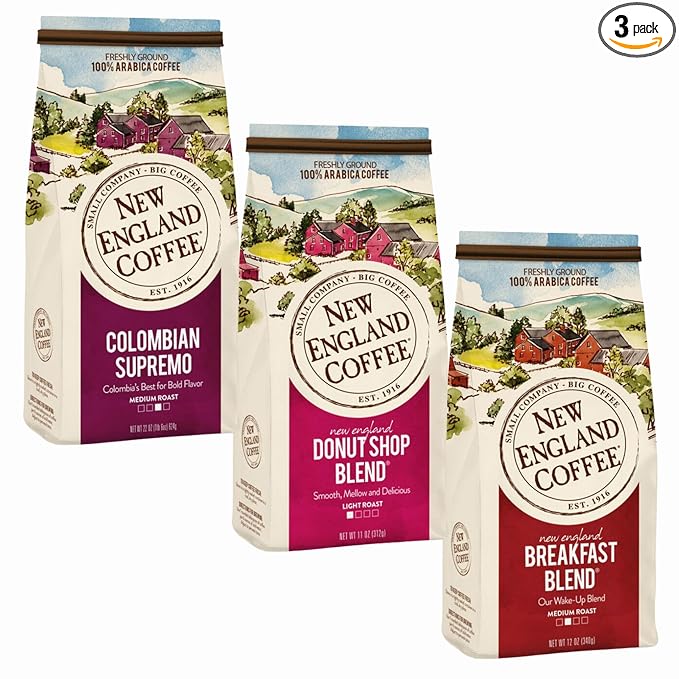 New England Coffee Variety Pack - Breakfast Blend/Colombian Supremo/Donut Shop, 11oz Bag (Pack of 3)