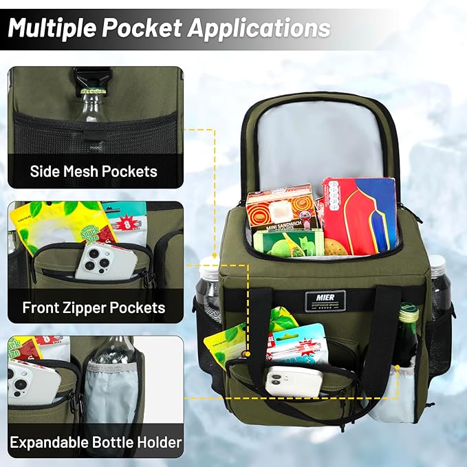 MIER Large Lunch Box for Men Women Adult Insulated Soft Sided Cooler 24 Can Leakproof Lunch Bag Collapsible for Work Travel Camping Beach, 15L (Army Green-No Luggage Strap)
