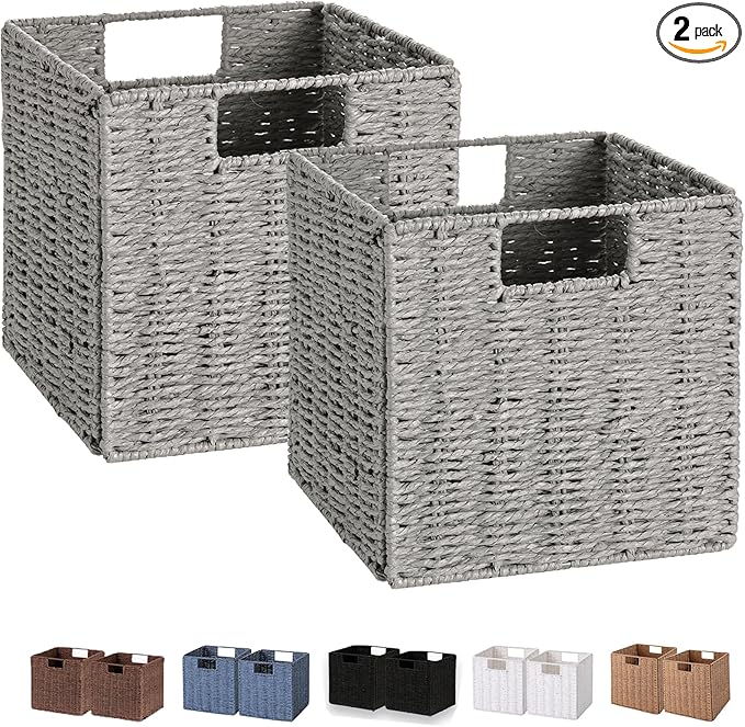 Vagusicc Wicker Basket, Set of 2 Hand-Woven Wicker Storage Basket, Foldable 11 inch Cube Storage Bins, Storage Baskets for Organizing Shelves, Closet Organizers and Storage Bins, Gray (11″×11″×11″)