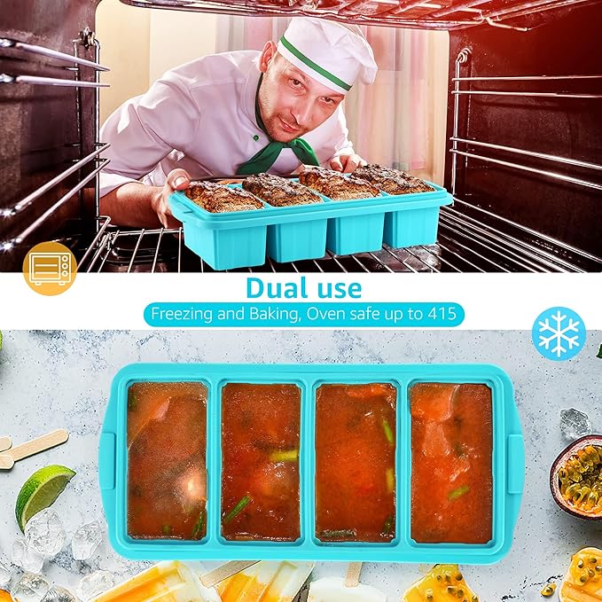 Silicone Freezer Tray With Lid - Silicone Freezer Food Molds- Large Ice Cube Tray,4-Pack Silicone Freezer Container,Freeze & Store Soup, Sauce, Broth,Leftovers - Makes 4 Perfect 1 Cup