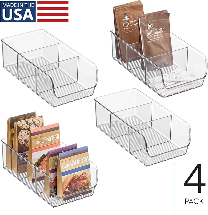 iDesign Stackable 3-Section Divided Storage Bin for Pantry, Fridge, or Cabinet - Set of 4 - Clear