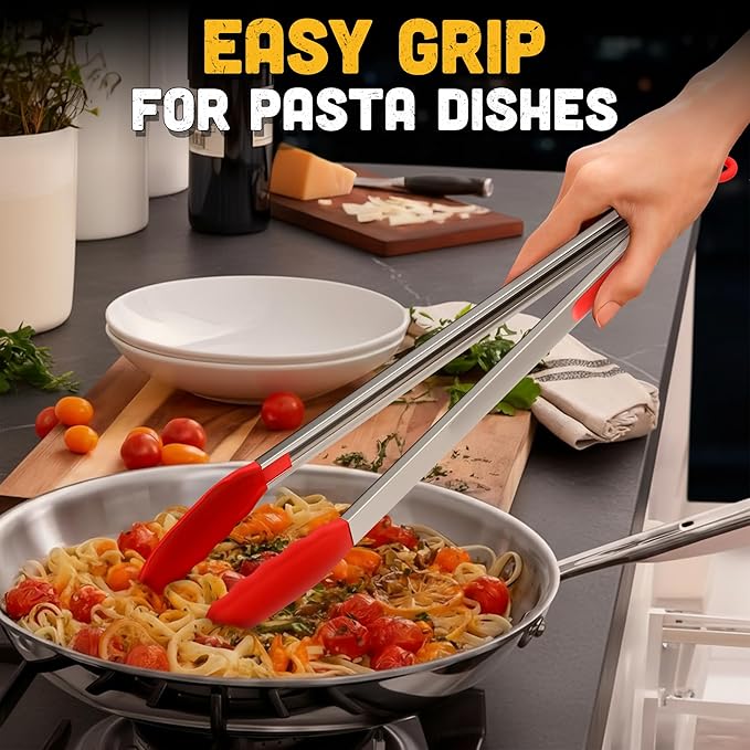 Kitchen Salad Tongs for Serving 17.3" - Heat-Resistant Extra Long Tongs with Silicone Tips for Convenient Flipping Food on BBQ - Stainless Steel Long Tongs for Grabbing & Cooking & Grilling