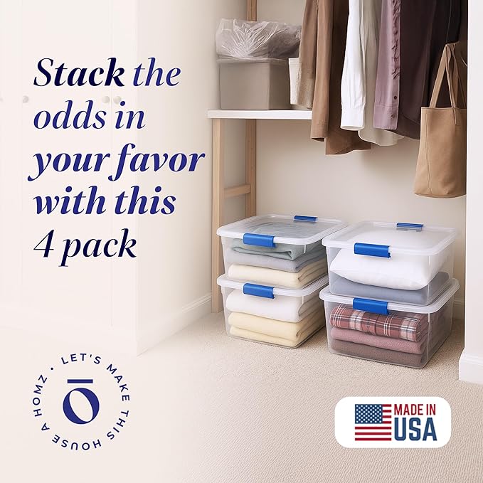 HOMZ 4-Pack Latching Lid, Small Clear Plastic Storage Bins w/ Lids, 15.5 Quart, Blue Latch - Stackable Container Boxes for Home, Bathroom, and Office Organization