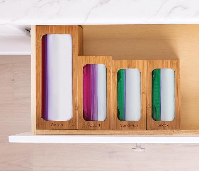 Seville Classics Bamboo Premium Organizer Storage Bins for Kitchen Silverware, Pantry, Closet, Office Desk, Pens, Utensils, Makeup, K Cup, Bamboo, Bag Holder Bin Set (4 Piece)