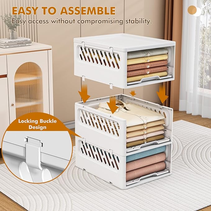 3 Pack Stackable Closet Storage Basket - Stackable Storage Bins, Multifunctional & Foldable Closet Organizer Divided, Wardrobe Cupboard Space-Saving Clothes Storage Hat Organizer, White