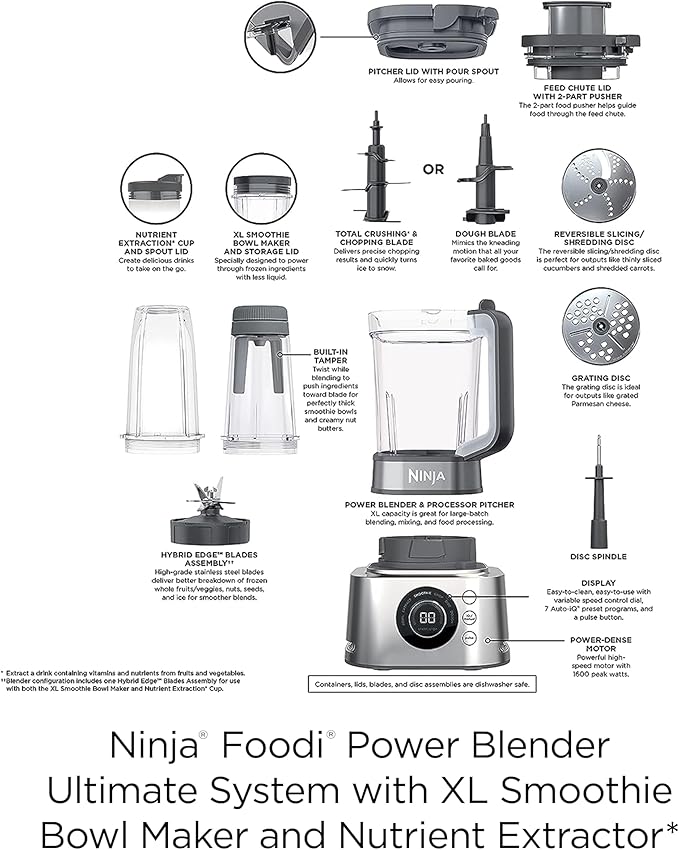 Ninja Blender & Food Processor Combo, Foodi Power Blender System for Smoothies, Bowls, Spreads & Shakes, 6 Functions, 72-oz Pitcher, To-Go Cups, Silver, SS401