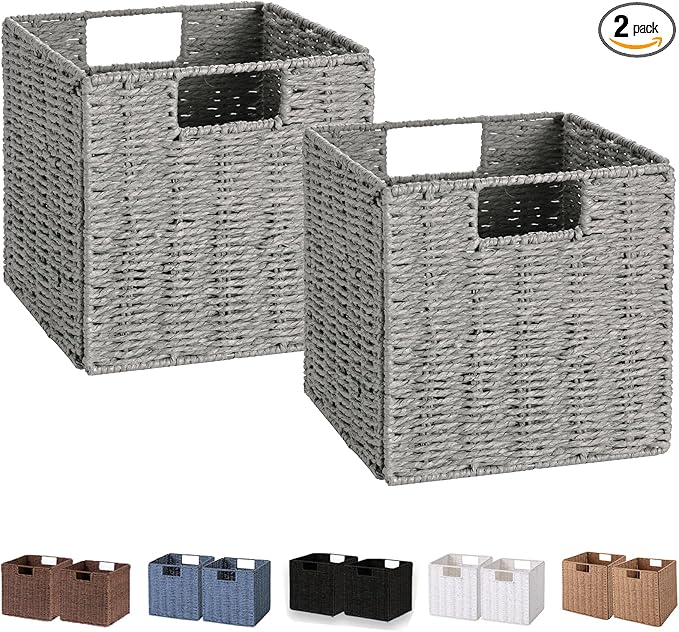 Vagusicc Storage Basket, Set of 2 Hand-Woven Paper Rope Wicker Baskets for Storage, Foldable Cube Storage Bins Organizer, 9 inch Medium Wicker Storage Baskets for Shelves Pantry Organizing Decor, Grey