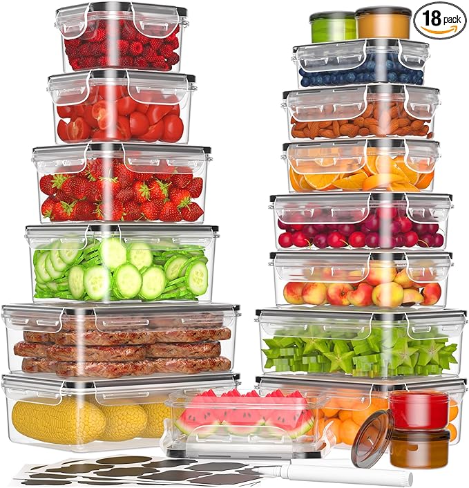 36-Piece Food Storage Containers with Lids(18 Container & 18 Lid), Plastic Food Containers for Pantry & Kitchen Storage and Organization, BPA-Free, Leak Proof, Reusable with Labels & Pen