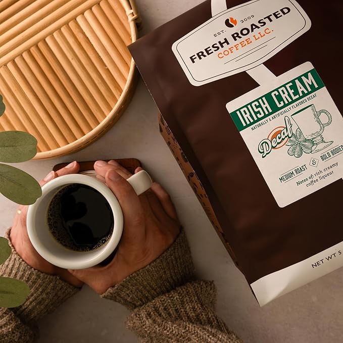 Fresh Roasted Coffee, Decaf Irish Cream Flavored Coffee, 5 lb (80 oz), Medium Roast, Kosher, Whole Bean