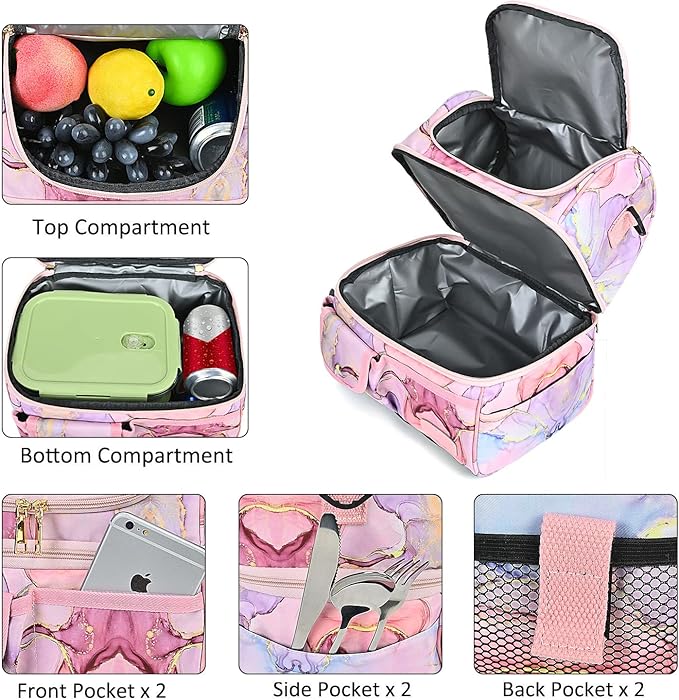 LOKASS Lunch Box for Women-Double Deck Insulated Adults Lunch Bag with Removable Shoulder Strap- Cute Wide Open Lunch Tote for Work/Office/Picnic/Beach/Travel (Pink)