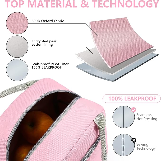 Lunch Bag Women Insulated Lunch Bag For Waterproof Lunch Cooler Bag Insulated Lunch Box For Women Portable Reusable Lunch Bag Two-Tone,With Adjustable Straps Can Be Used For Work,Pink and Grey