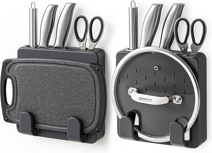 Wall Mounted Knife & Cutting Board Holder – Self-Adhesive Pot Lid and Utensil Organizer with 4 Slots for Knives, Scissors & Kitchen Tools | Space-Saving Under Cabinet Storage Rack