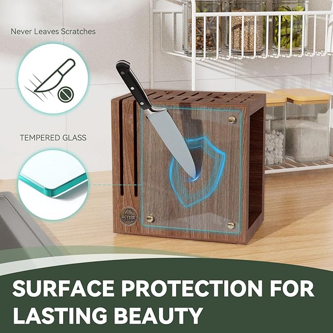 Magnetic Knife Block with Glass Cover, Universal Walnut Wood Knife Holder without Knives for Safe Knife Storage, Large Capacity Knife Storage Organizer for Kitchen Counter Top