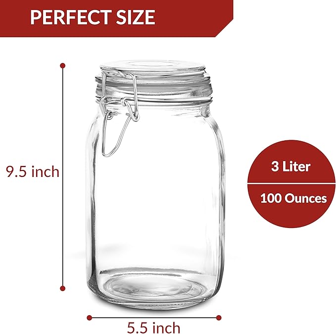 Set of 2 Large Mason Jar with Lid (3 Liter) | Airtight Storage Container for Food, Flour, Pasta, Coffee, Candy, Dog Treats, Snacks & More | 100 Ounces