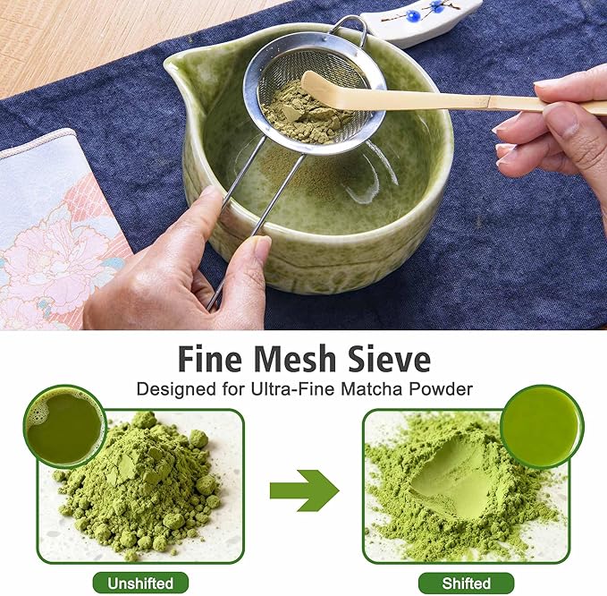 Matcha Whisk Bowl Set, 7PCS All-in-One Japanese Tea Set Includes Matcha Bowl with Spout, Bamboo Whisk (Chasen) with Stand, Scoop, Sifter, Complete Kit for Ceremony, Gift for Matcha Tea Lovers(Ivory)