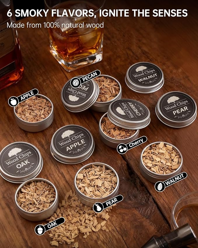 Electric Whiskey Smoker Kit, Rechargeable Bourbon Smoker Kit with 6 Flavors of Natural Wood Chips, Drink Smoker Infuser Kit Cocktail Idea Christmas Birthday Gifts for Men Husband Dad Him