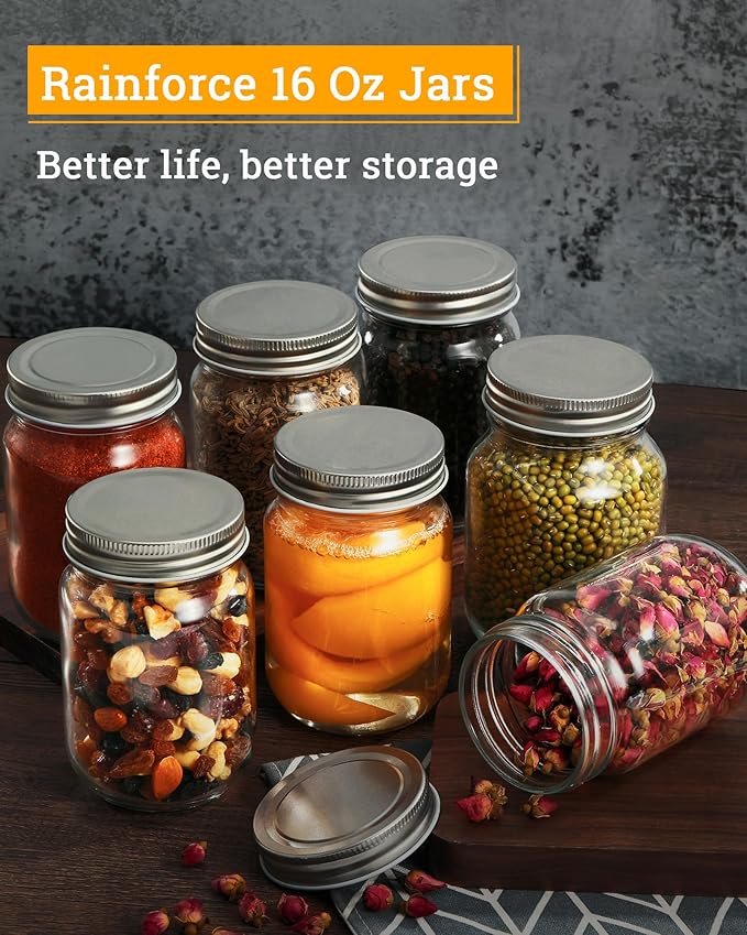 16 oz Mason Jars With Lids Regular Mouth 15 Pack-16oz Glass Jars with Silver Lids,Bulk Pint Clear Glass Jars For Meal Prep, Food Storage With 20 Labels