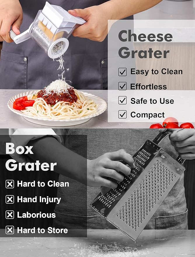 GDL Cheese Grater Hand Crank, Kitchen Rotary Grater Handheld, Dishwasher Safe Parmesan Cheese Grater with Stainless Steel Blade for Hard Cheese,Chocolate,Nuts, White