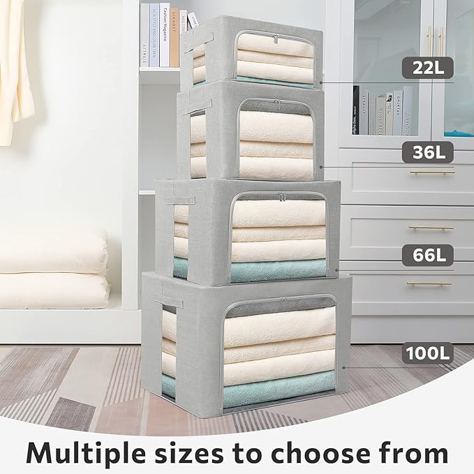 FHSQX 2 Pack Clothes Storage Bins Stackable Metal Frame Storage Box Large Capacity Foldable Linen Fabric Box Organizer with Carrying Handles and Clear Window (Light Gray, 19.7x 15.7x 12.6 Inch)