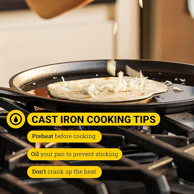 Lodge L9OG3 Cast Iron Round Griddle, Pre-Seasoned, 10.5-inch - Made in USA, Compatible with Stovetop, Oven, Grill & Campfire