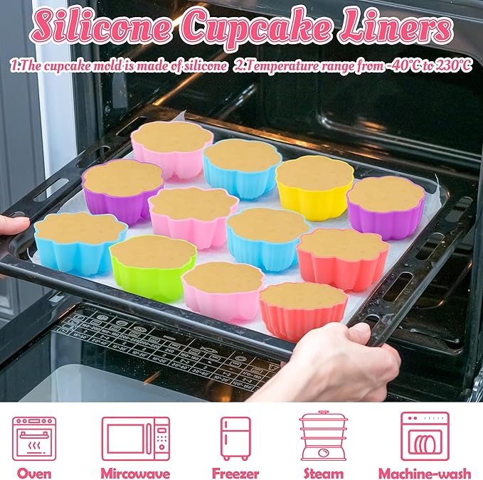 R HORSE Mini Silicone Cupcake Molds - 42Pcs 2 Inch Multi Flower-Shaped Baking Cups, Reusable Non-Stick Muffin Baking Cups Cupcake Wrappers for Dessert Pudding Donut Oven Microwave Dishwasher Safe