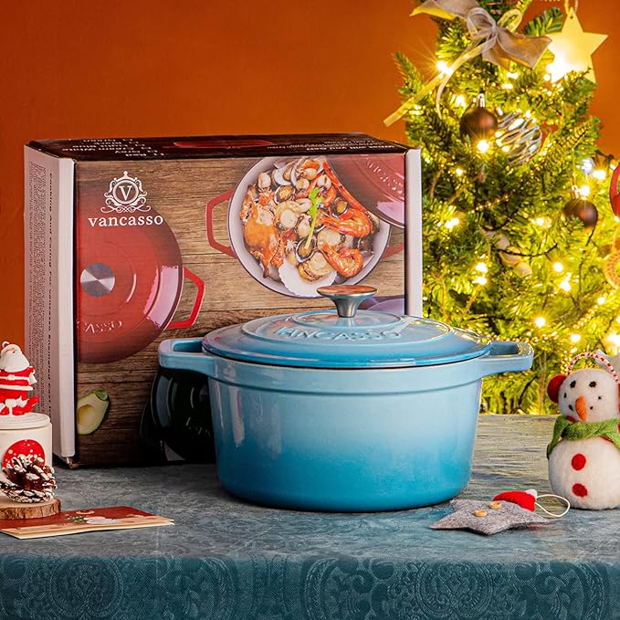 vancasso 7.5 QT Enameled Cast Iron Dutch Oven with Lid - Nonstick Enamel Coating, Tight-Sealing Pot for Bread Baking, Braising, Soups & Stews, Oven/Stovetop/Grill Safe, Blue