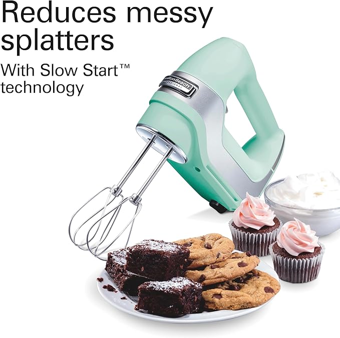 Hamilton Beach Professional 5-Speed Electric Hand Mixer with Snap-On Storage Case, QuickBurst, Stainless Steel Twisted Wire Beaters and Whisk, Mint (62658)