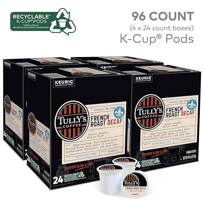 Tully's Coffee French Roast Decaf, Keurig Single-Serve K-Cup Pods, Dark Roast, 96 Count