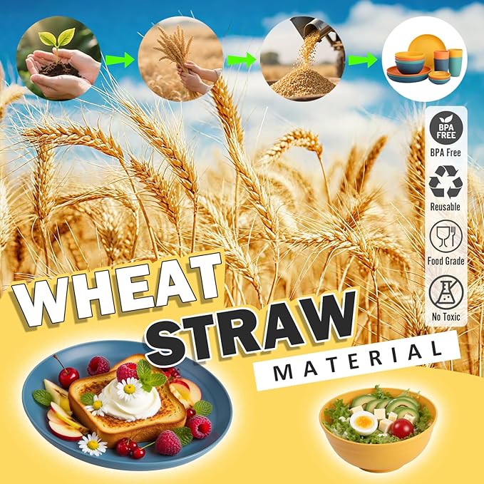 Wheat Straw Dinnerware Sets, Unbreakable Plates and Bowls Sets of 16, Kids Dinnerware Set Sevice for 4, Dishwasher & Microwave Safe Dish Set for Kitchen, Outdoor, Camping - Multi