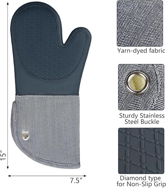 Professional Microwave Silicone Oven Mitts one Pair, Kitchen Mitten Set for Heat Resistant with 500 Degrees, Kitchen Gloves Pot Holder for BBQ Cooking Baking (Gray)