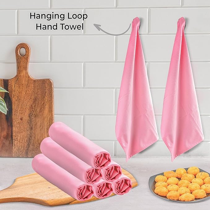 Urban Villa Baby Pink 100% Cotton Highly Absorbent Dish Towels for Kitchen 20X30 Inches(Set of 6) Multi-Purpose Solid Dish Cloths with Hanging Loop for Cleaning Dinnerware Glass Hand Towels